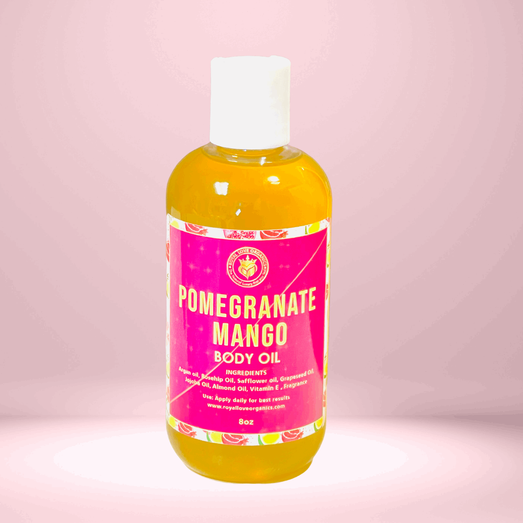 Pomegranate Mango Body oil | Body Oil | All Natural, anti-aging, beauty, body butter, body oil, clear skin, cosmetics, cracked lips, cracked skin, daily routine, dry skin, evens skin tone, Hydration, hyperpigmentation, mango butter, moisturizes, moisturizing, organic, organic skincare, pomegranate mango body oil, reduces scars, repairs skin, self love, selfcare | Royal Love Organics