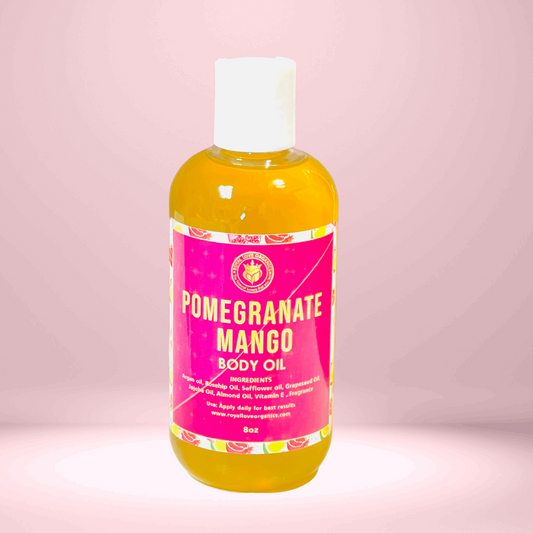 Pomegranate Mango Body oil | Body Oil | All Natural, anti-aging, beauty, body butter, body oil, clear skin, cosmetics, cracked lips, cracked skin, daily routine, dry skin, evens skin tone, Hydration, hyperpigmentation, mango butter, moisturizes, moisturizing, organic, organic skincare, pomegranate mango body oil, reduces scars, repairs skin, self love, selfcare | Royal Love Organics