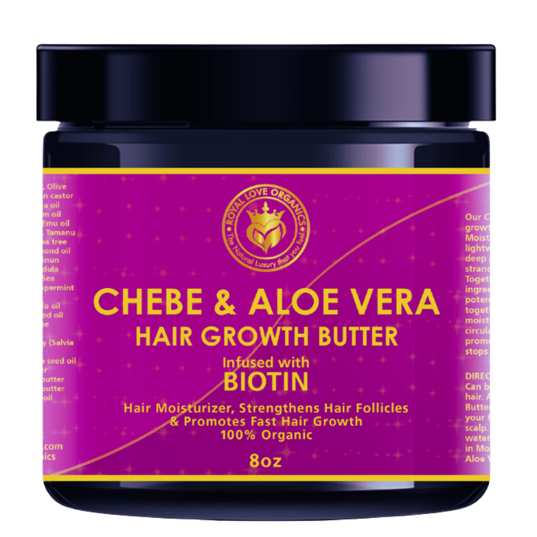 Chebe hair growth butter with purple label and black lid.