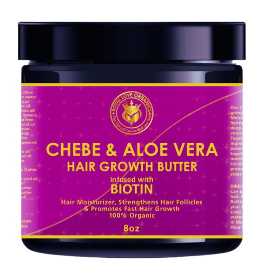 Chebe hair growth butter with purple label and black lid.